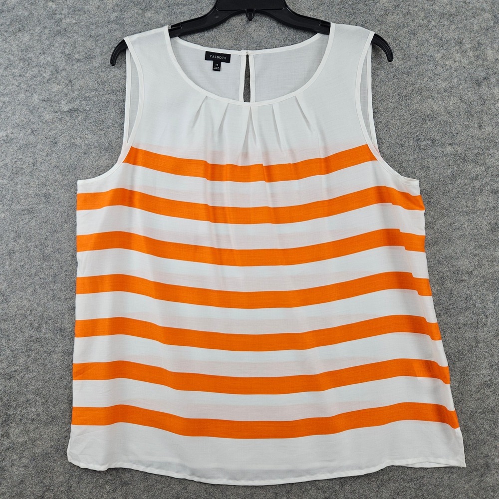 Talbots Sleeveless Blouse Women's 14 Orange White Striped Tencel Pleated Shell